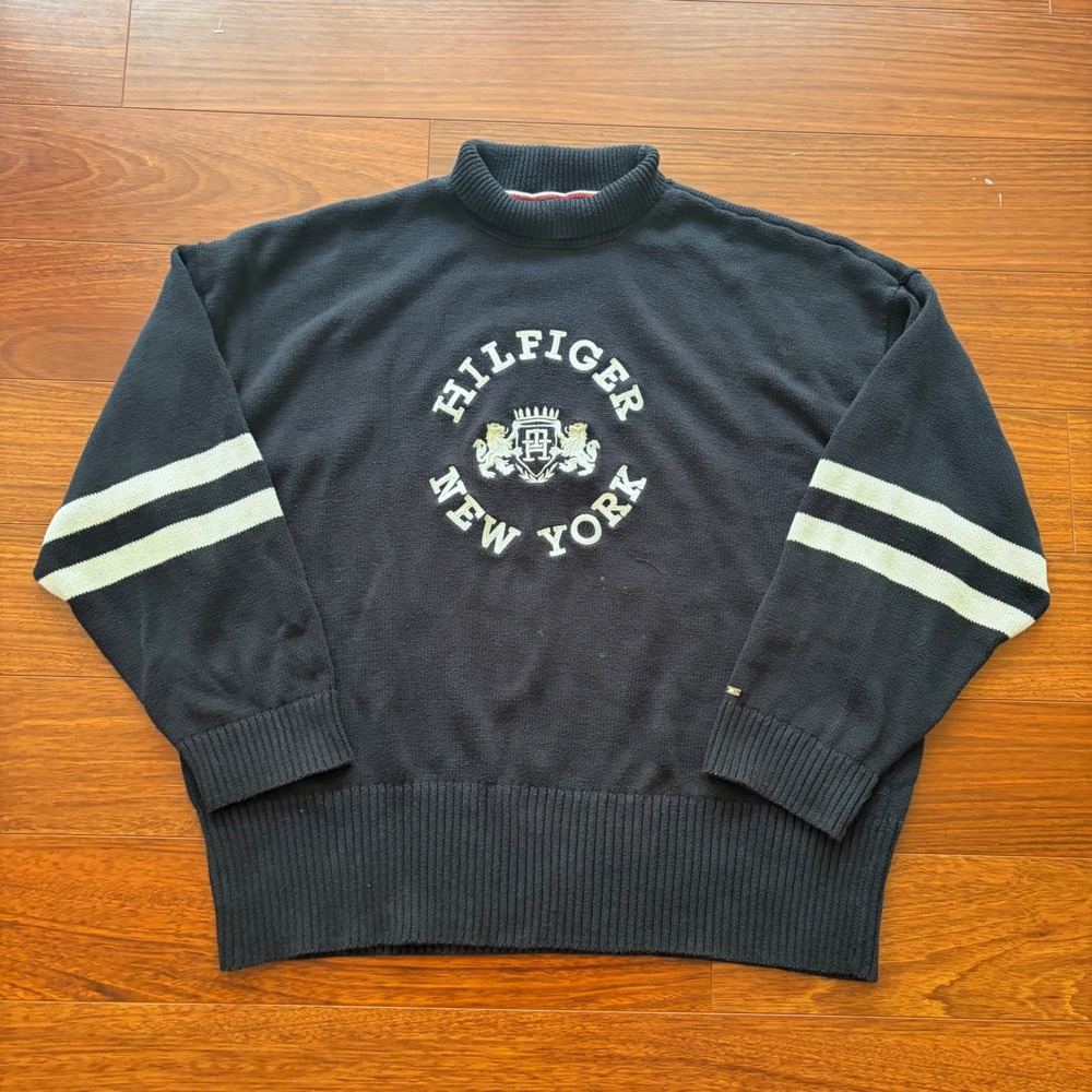Vintage Tommy Hilfiger Sweater XXL Navy Blue Crest Mock Neck Varsity